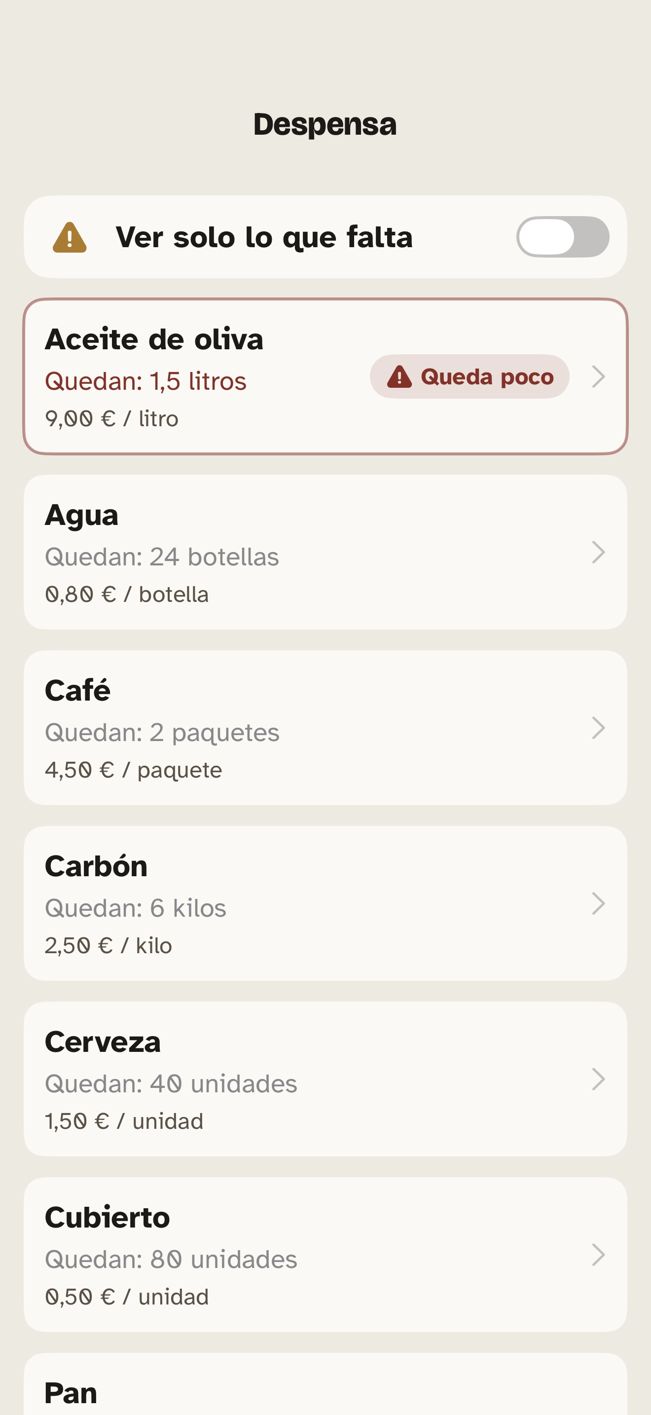 Pantalla real de la despensa con productos, precios, cantidades disponibles y avisos de reposición.